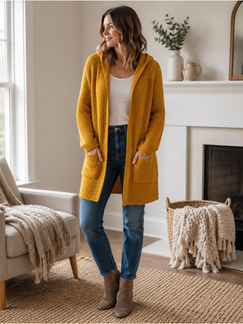 Sienna Sky Mustard Hooded Knit Cardigan Cozy Fall Boho casual Cottagecore Rustic